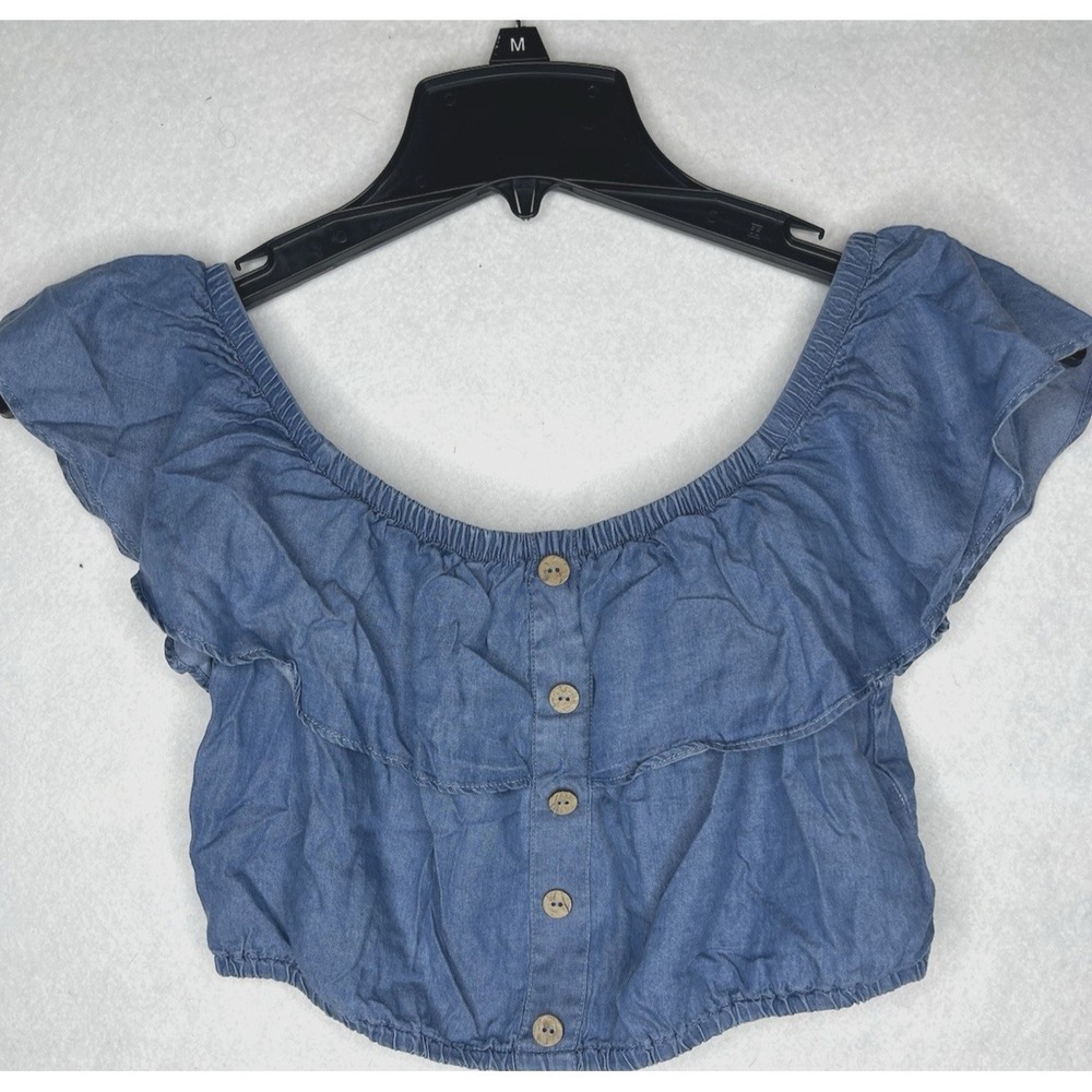 Haute Mende Blue Jean Ruffle Off Shoulder Crop Top Medium Peasant - Picture 5 of 6